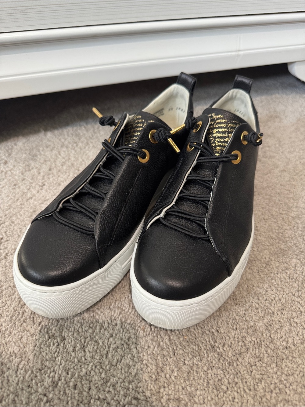 Paul Green Black Leather Sneakers with White Platform and Gold Accents